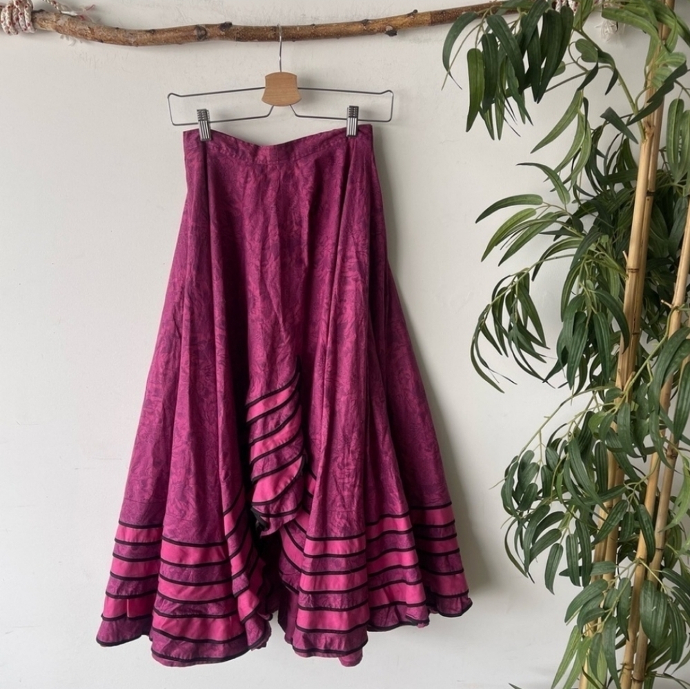 Vintage Formal Pink Ruffle Asymmetrical Hem Maxi Skirt